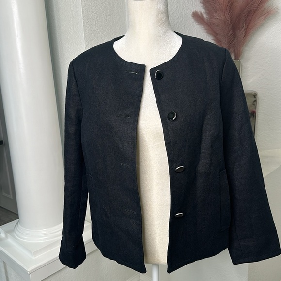 Talbots 100% Linen Collarless Button Down Black Lined Blazer Linen Jacket Sz 12 - Picture 1 of 10